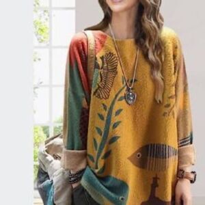 Yesno Women's Cotton/Wool‎ Blend Golden Yellow Graphic Print Sweater One Size